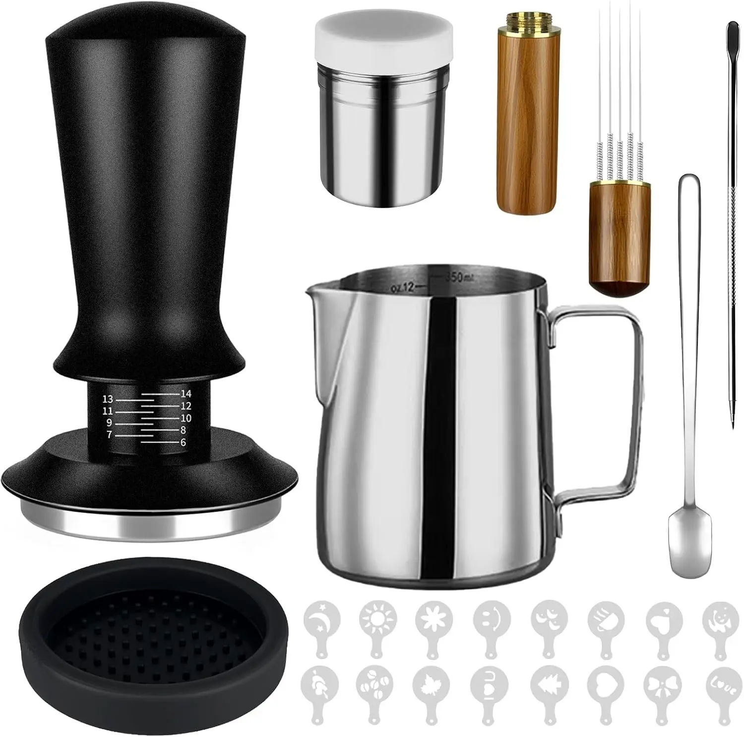 23Pcs Espresso Machine Accessories Set, 51mm Coffee Espresso Tamper Kit | with Espress Stirrer | 350ml Milk Pitcher | Coffee Powder Dispenser | Latte Art Kit for Espresso Machine