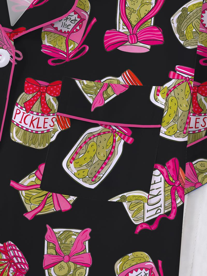 Elegant women's sleepwear set with knitted fabric short sleeved button top and shorts, pickled cucumber print home clothes, casual one-piece cartoon pattern sleepwear combination, lemon design essential short sleeved fashionable women's pocket style Elegant women's sleepwear set with knitted fabric short sleeved button top and shorts, pickled cucumber print home clothes, casual one-piece cartoon pattern sleepwear combination, lemon design essential short sleeved fashionable women's pocket style