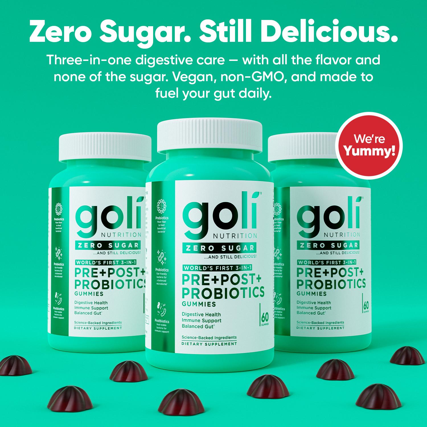 3 Bottles of Goli Zero Sugar World's First 3-in-1 Pre, Post, Probiotic Gummies - Gluten Free, Vegan, Non-GMO, & Gelatin-Free.