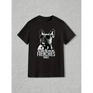Burning ManMen Casual French Bulldog Print Pajama Set Short Sleeve T Shirt With Pockets Black Relaxed Loungewear Graphic Tee Comfortable Season Wear Glossy Black