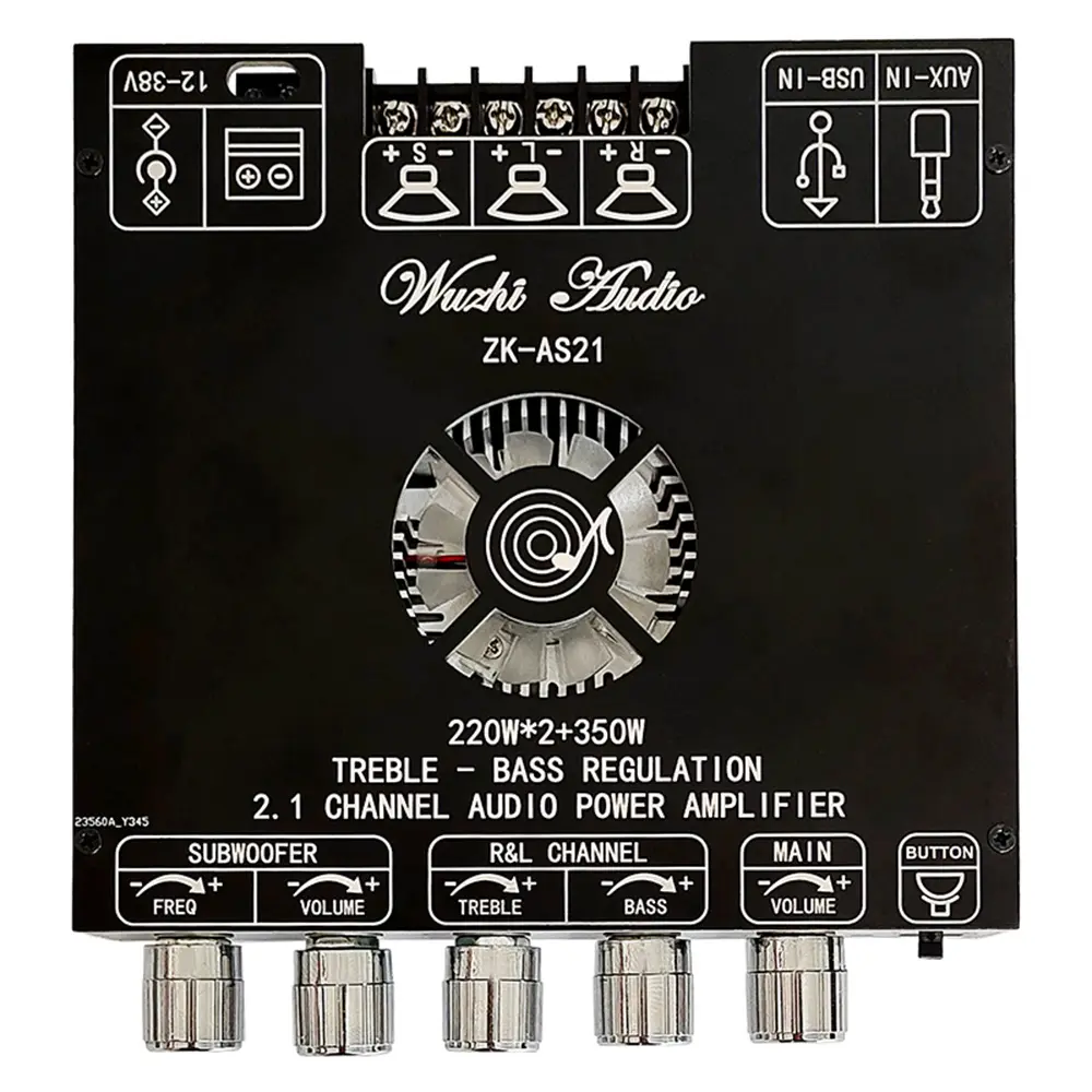 WUZHI AUDIO ZK-AS21 TPA3255 2.1 Channel Stereo Amplifier Module - Wireless BT 5.1, 220W+220W+350W, Mechanical Stepless Tuner, USB/AUX/SD, 16-38V, Subwoofer, Protection, Quick and Convenient, Sleek and Elegant Design, for Indoor DIY Speakers, KTV Use