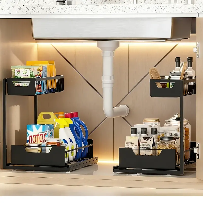 Under Sink Organizer,Metal Pull Out Cabinet Organizer Shelf,Kitchen Bathroom Organizers with Sliding Drawer,Storage Shelves,Storage and organization for Home,Laundry,RV,Pantry,Spice,Black