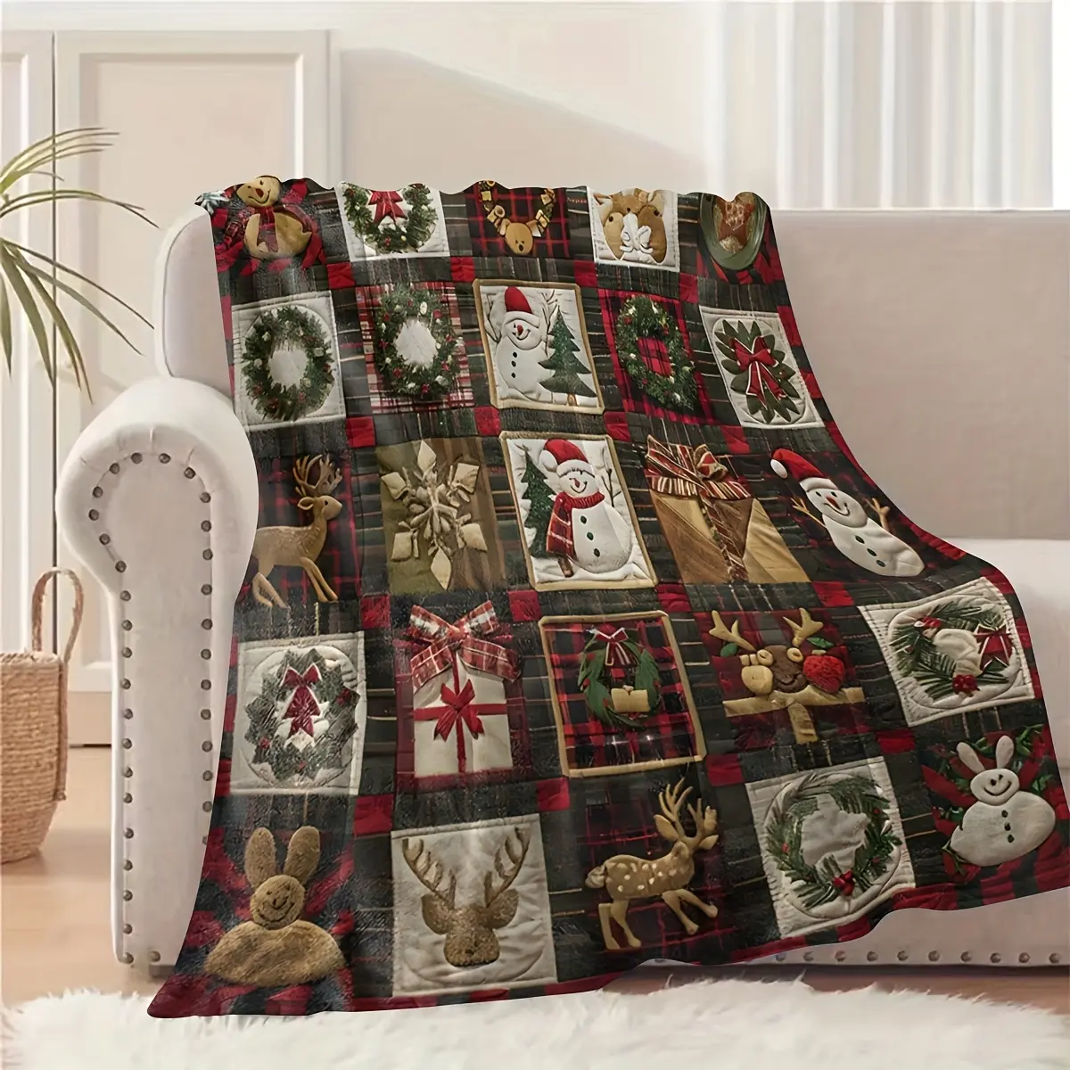 Vintage Christmas Checkered Patchwork 2D Printed Blanket – Made of soft and comfortable flannel, suitable for sofas, beds, cars, offices, camping, and travel. An ideal gift all year round.