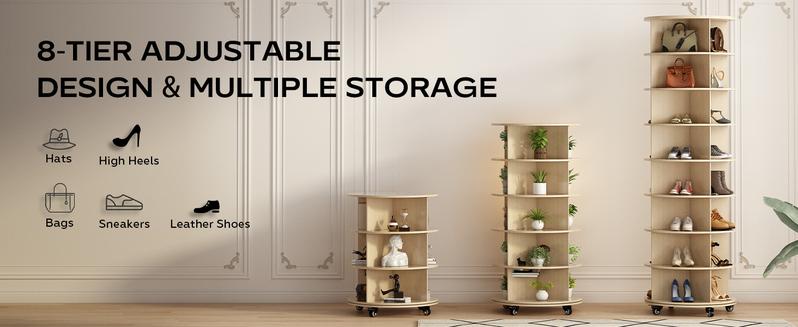 AECOJOY 8-Tier 360° Rotating Shoe Rack with 4 Universal Casters Natural Wood Display Storage for Handbags & Closet Footwear Organization
