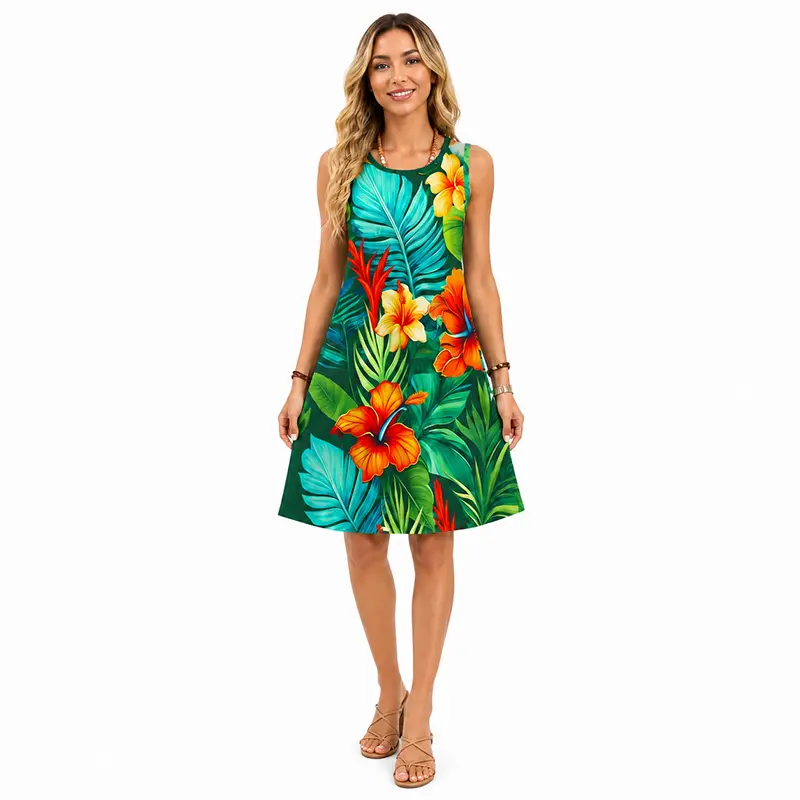 Digital print tropical floral print sleeveless dress with hibiscus flowers and palm fronds for summer beach getaways Breathable Butterfly, Women, Polyester, Sundress