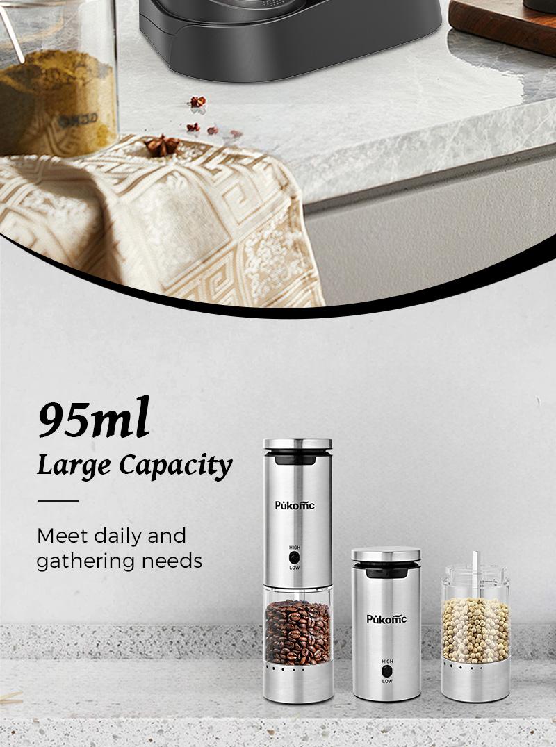 Pukomc Electric Salt & Pepper Grinder Set - 6 Adjustable Coarseness, Rechargeable Base, LED Light, One-Hand Operation, Detachable for Easy Cleaning, Includes 12 Grinders & Accessories Reusable Cooking Kitchen Seasoning Utensils