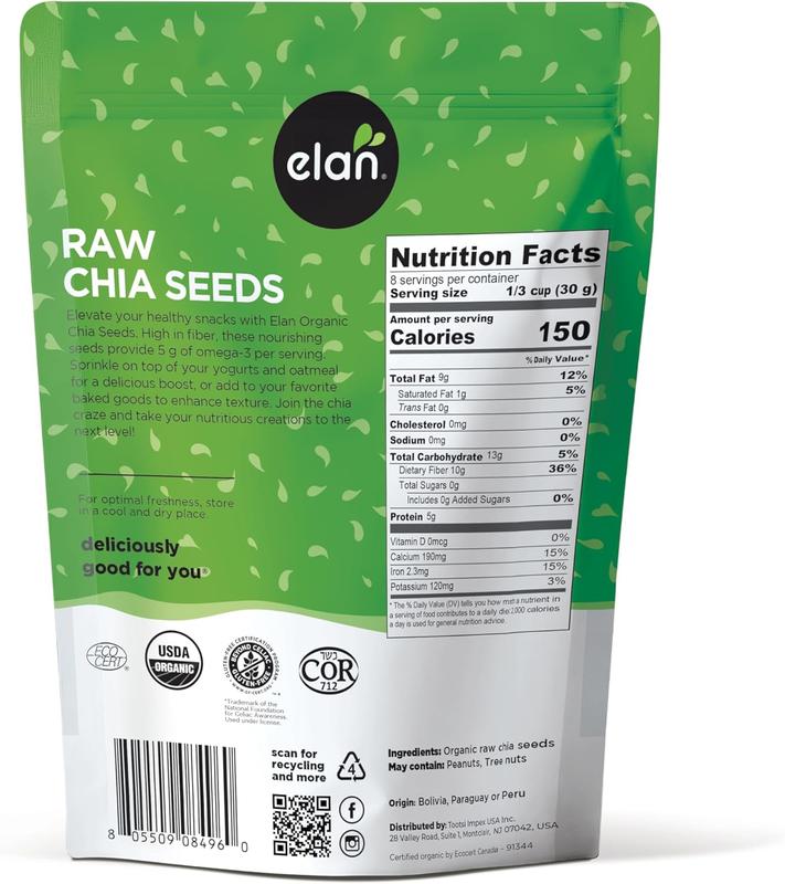 Elan Organic Chia Seeds, 8.8 oz, Natural Raw Black Chia Seeds, Plant-Based, Non-GMO, Vegan, Gluten-Free, Kosher, Gels Easily, Superfood