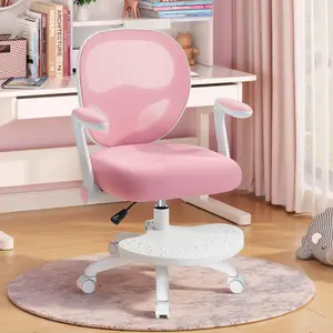 HOFFREE Kids Desk Chair Ergonomic Study Chair with Flip-Up Armrests & Footrest Adjustable Height Swivel Mesh Chair for Boys Girls Children in Home Bedroom Study Room Pink