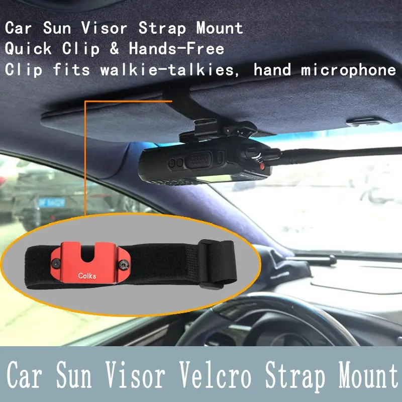 Car Sun Visor Radio Strap Aluminum Alloy Mount, Walkie Talkie Bracket, Quick Release Secure Mic Bracket with Adjustable Velcro Strap, Two-Way Radio & Handheld Microphone Holder, Universal Outdoor Vehicle Mount Accessory