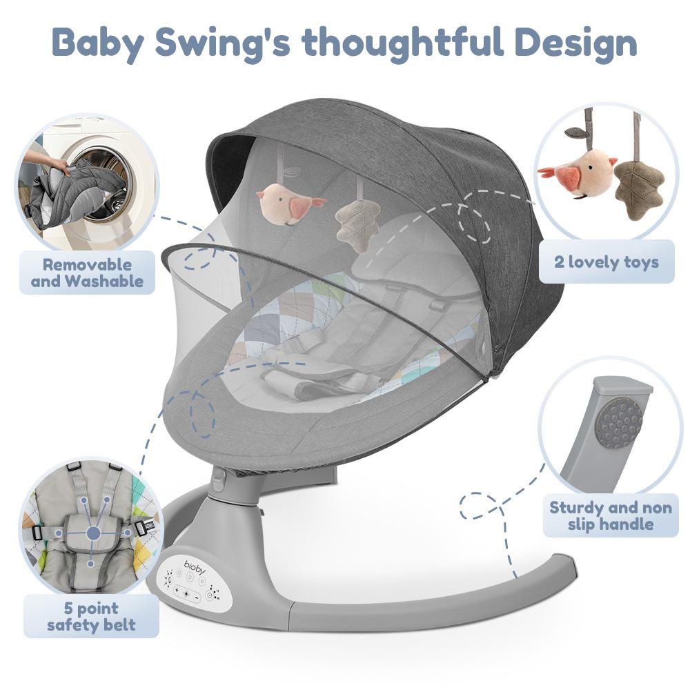 COMOMY Electric Baby Swing for Infants, Hands-Free Baby Soother, for Newborn Boy Girl, 5 Sway Speeds with Remote Control, Adapter Operated/AC power, 10 Preset Melodies and Bluetooth, 0-6 Months Max 20 Lbs, Swing Electric Toddler Baby Rocker Portable