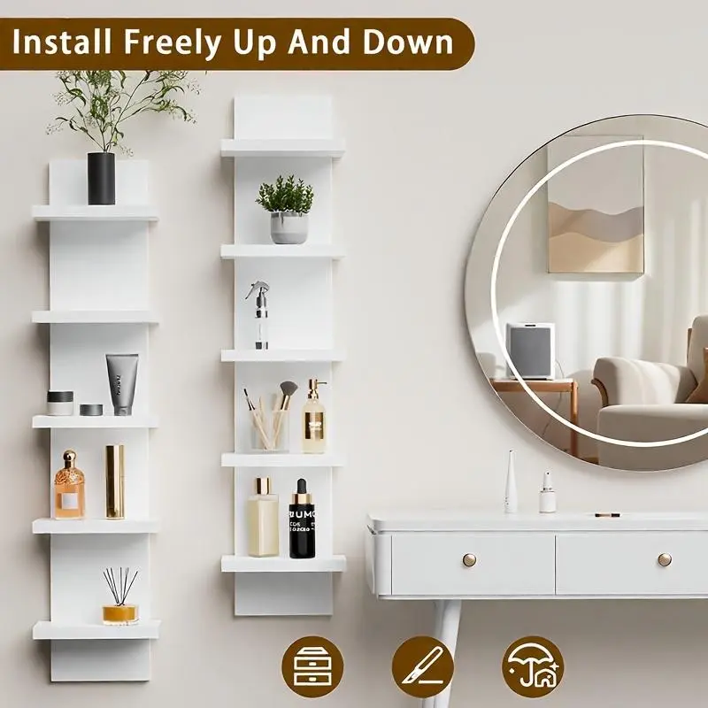 5 Layer PVC Plastic Wall Mounted Storage System, Smooth Pressed Vertical Frame, Suitable for Bedroom/living Room/gallery, Corner Wall Shelf