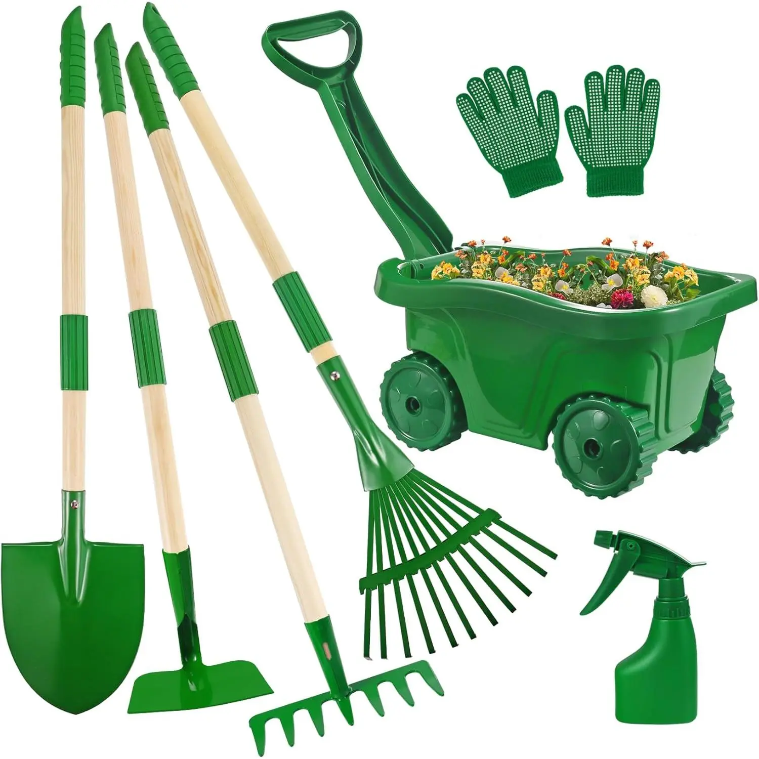 Kids Gardening Complete Multi-Tool Kit - 7pcs Green Wheelbarrow Set with Shovel, Rake, Leaf Rake, Outdoor Yard Digging Weed Toys, Boost Toddler Interest in Gardening, Christmas Gifts, Kids Birthday Gifts for 2-5+ Years Old Boys Girls