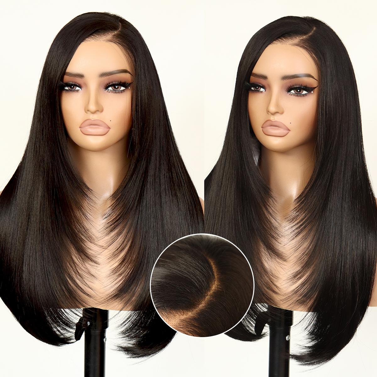 Synthetic 9x7 Glueless C-Part Layered Wig Wear and Go Lace Front Straight Wig Pre Plucked Pre Cut Vivid Self Growing Clean Hairline with Tiny Knots