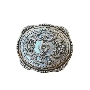 Oval Dot Edge Flower & Crystal Belt Buckle – Silver Western Buckle