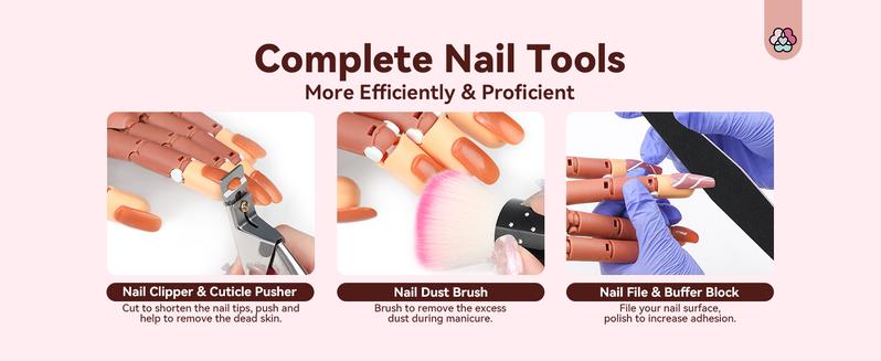 Practice Hand for Acrylic Nails, Flexible Moveable Fake Hands, Manicure Trainng Hand Nail Kit for Beginners, Movable Nail Maniquin Hand with 200PCS Nail Tips, Nail Glues, Brush and Clipper