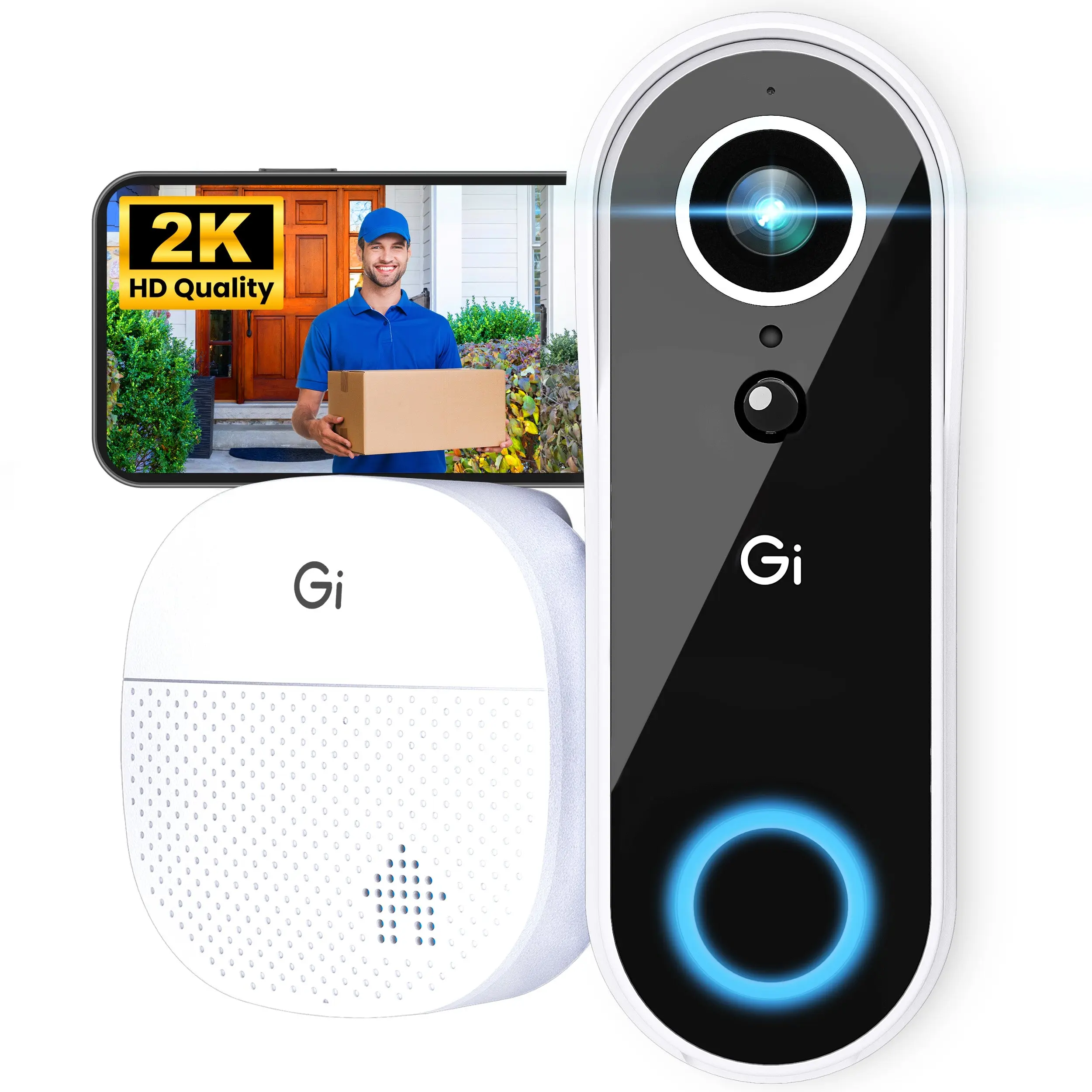 GEARit Video Doorbell Camera with Chime - 2K QHD Video - 6 Months Rechargeable Battery - IP64 Weather-Proof, Motion Detection, 2 Way Audio Wireless for Home - Easy to Setup