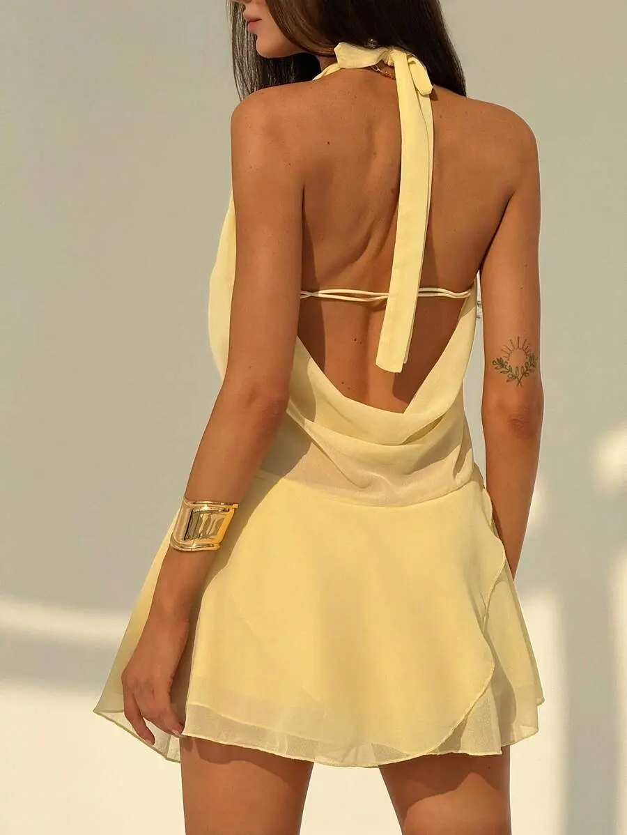 Lady's Sexy Halter Neck Mini Dress in Solid Chiffon Fabric, A-Line Regular Fit with Backless Cut and Asymmetrical Ruffle Hem, Hand Wash, Sheer, Polyester, Sleeveless, Sexy Look, A-Line Shape, Clothes, Going Out Outfit, Night Out, Dress Up, Do Not Dry Clea