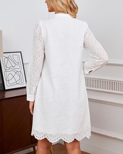 YEXPINE Women's Long Sleeve Eyelet Hollow Out Mini Dress Fall Flowy Boho  Crew Neck Button Down Short Shift Dresses - TikTok Shop