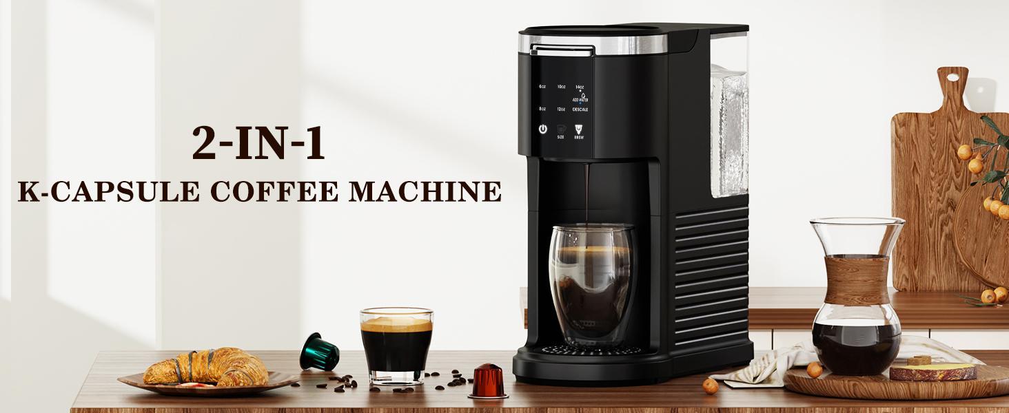 Electactic Coffee Machine K-Cup Pods & Ground Coffee Maker, Latte and Cappuccino Maker, 5 Brew Sizes Up To 14 Oz, with 40oz Removable Water Tank, Self-cleaning Function, Black