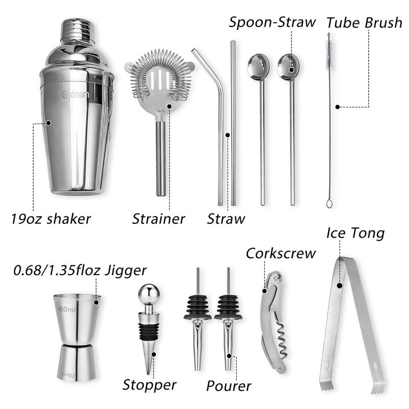Cocktail Shaker Set Bartender Kit, VONATES 15Pcs Bartender Shaker Set, 304 Stainless Steel Martini Shaker and Strainer, 550ml /19OZ Bar Tool Set With