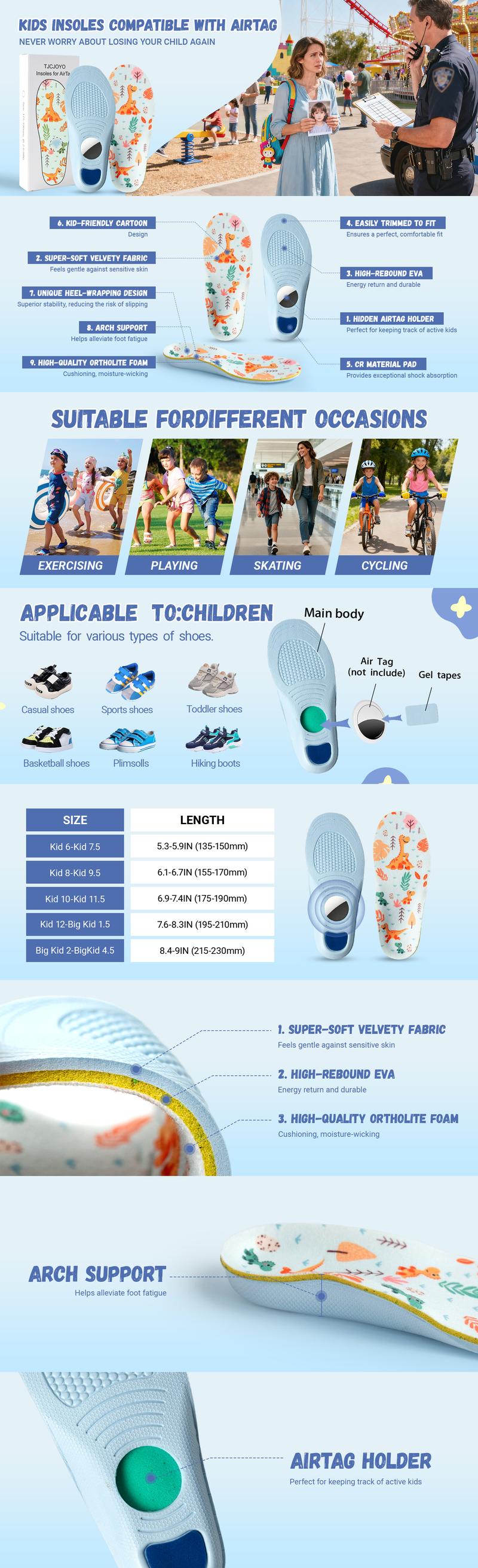 Kids Insoles Compatible with AirTag Arch Support Shoe Inserts for Children Soft Cushion Insoles with Hidden Tracking Holder, Anti-Lost Tracker Case