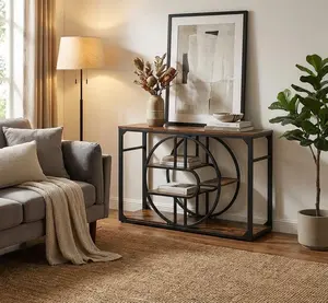 55" O-Shaped Metal Frame Console Table, 5-Tier Industrial Narrow Entryway Table with Storage, Rustic Sofa Table for Living Room Hallway Foyer, Long Entry Hallway Couch Entrance Table