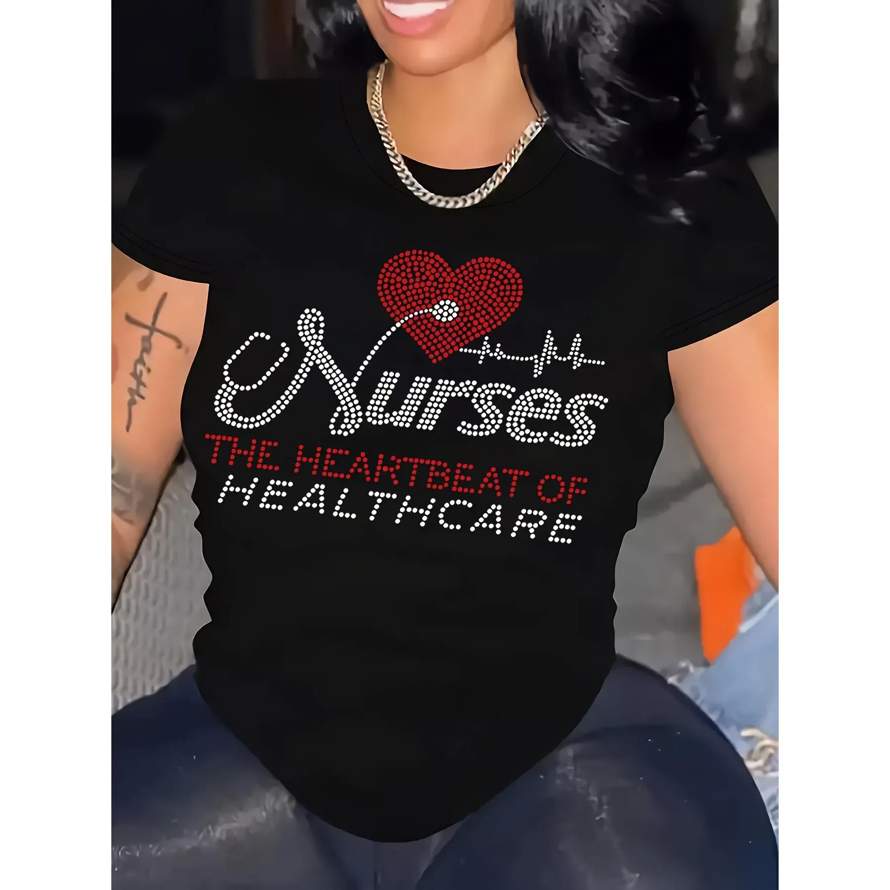 Women's Nurses Print T-Shirt - Short Sleeve Crew Neck Nursing Scrub Top with Lettering & Patches, Spring Summer Fall Attire for Healthcare Professionals, Machine Washable Casual Blouse for Nursing Scrubs
