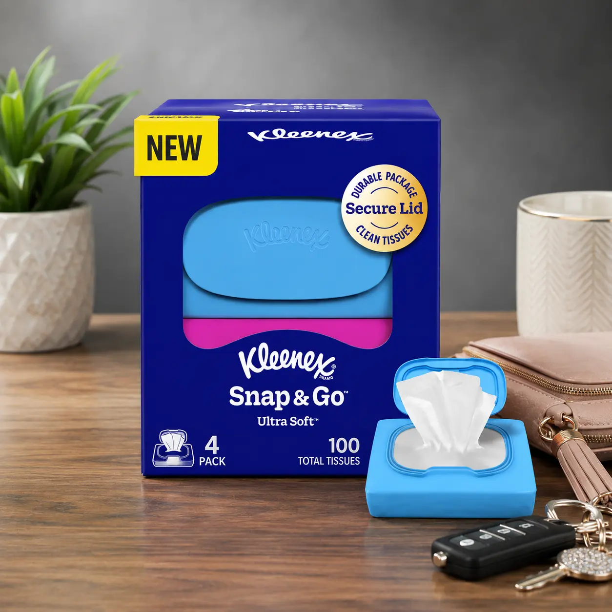 Kleenex Snap & Go Ultra Soft 3-Ply Facial Tissues, 4 Pack Pocket Travel Size