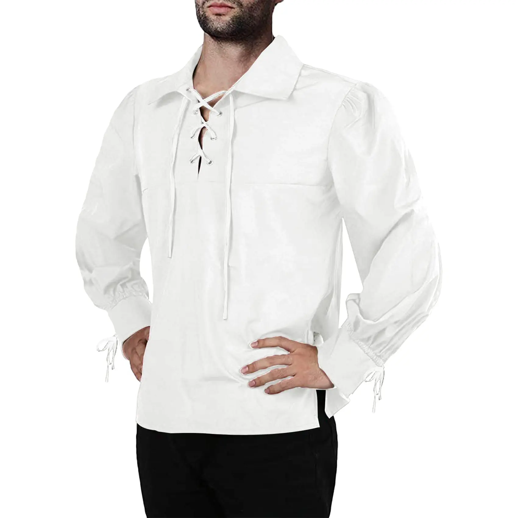 Runcati Men's Medieval Pirate Shirt Viking Renaissance Lace up Mercenary Halloween Scottish Jacobite Ghillie Tops