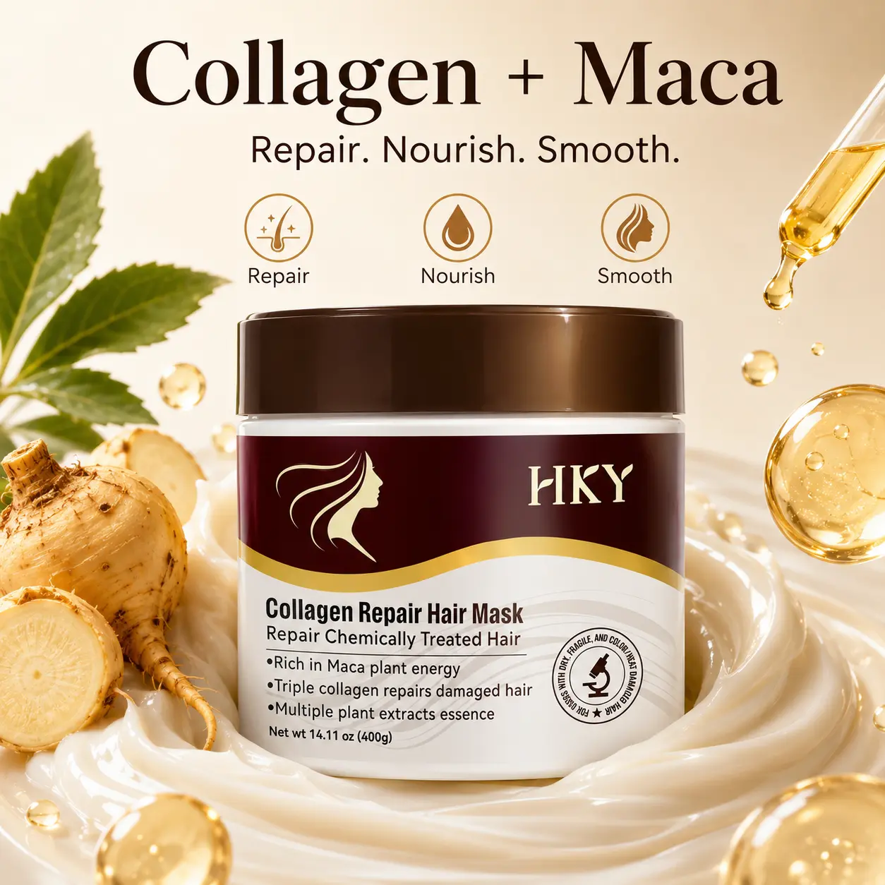 HKY Vegan Collagen Deep Repair Hair Mask with Argan Oil - Salon-Quality Haircare Treatment, Restores Dry Damaged Frizzy Wavy Strands, Hydrates Color-Treated/Bleached Hair (400g) Smooth Deep Conditioner, Shiny Hair