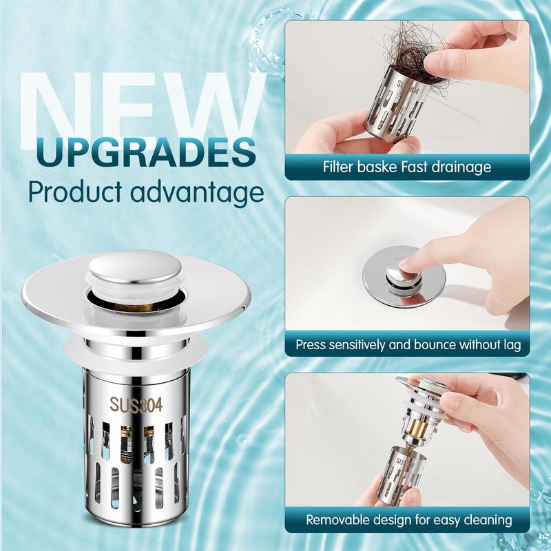 Bathroom Sink Drain Stopper, Universal Pop Up Drain for Bathroom Sink Replacement, Sink Drain Cover with Anti-Clogging Filter Basket Hair Catcher, Sink Drain Strainer
