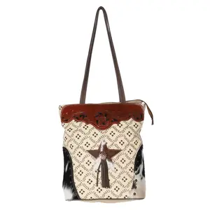 Ohlay Bags OHV191 Tote Hand Tooled Upcycled Canvas Hair-On Genuine Leather Women Bag Western Handbag Purse