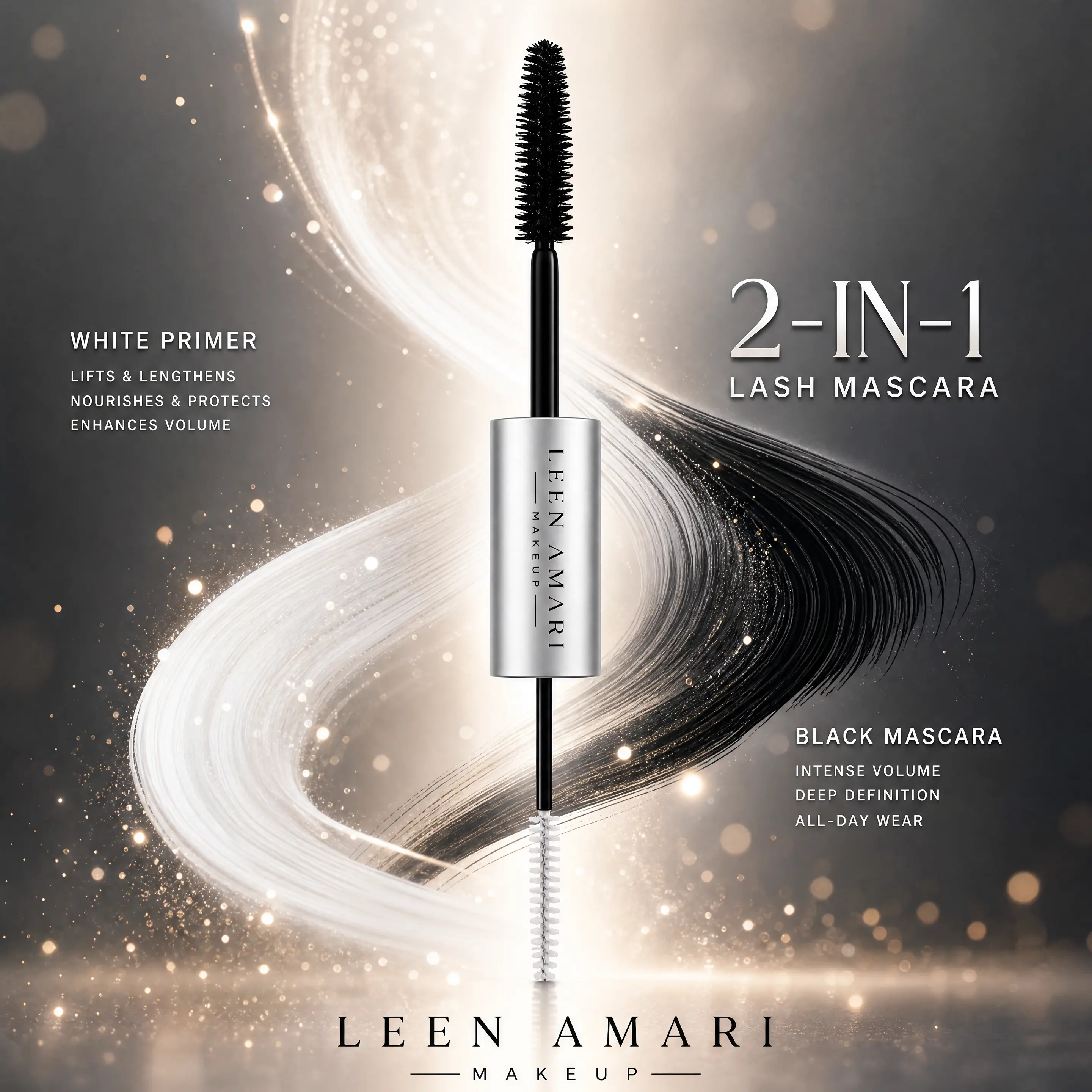 Short Lashes? Watch This! LEEN AMARI 2-in-1 Dual-Ended Mascara, White Lash Primer + Black or Brown Mascara, Longer-Looking & Fuller-Looking Lashes, Buildable Eye Makeup for Daily Wear, Parties and Date Night bottom waterproof length non smudge