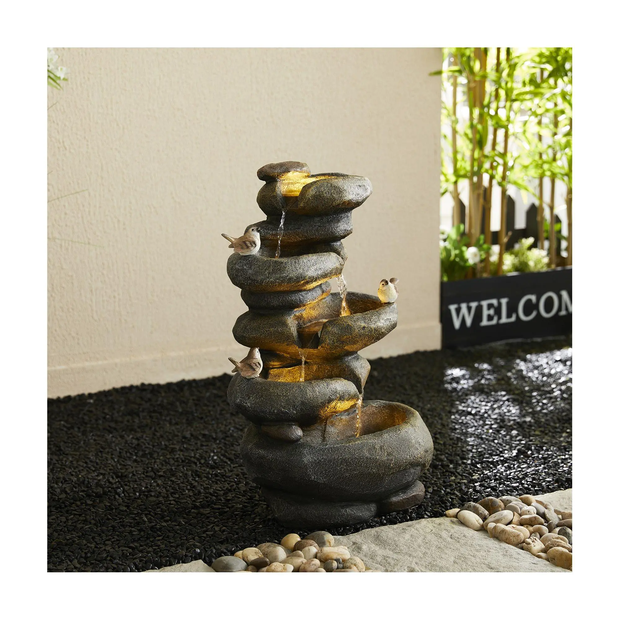 Glitzhome 23'' 5-Tiered LED Lit Stacked Stone Outdoor Fountain