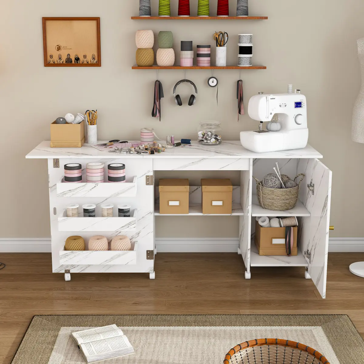 57.5" Foldable Sewing Machine Table with Locking Casters, Multi-Storage Craft Station with Shelves, Bins & Cabinet, Adjustable Sewing Cabinet for Home, Bedroom, and Craft Room(White)