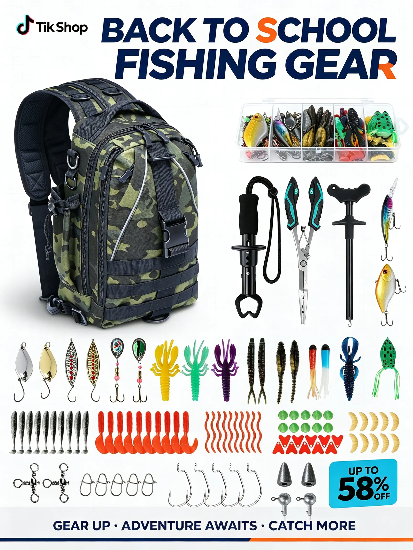 【Back to School】 Jenseits Fishing Backpack Kit with Tackle Box, Pliers and Fish Gripper | Adjustable tackle backpack, lure box, stainless steel fish gripper, long-nose pliers and hook remover for bank and boat use