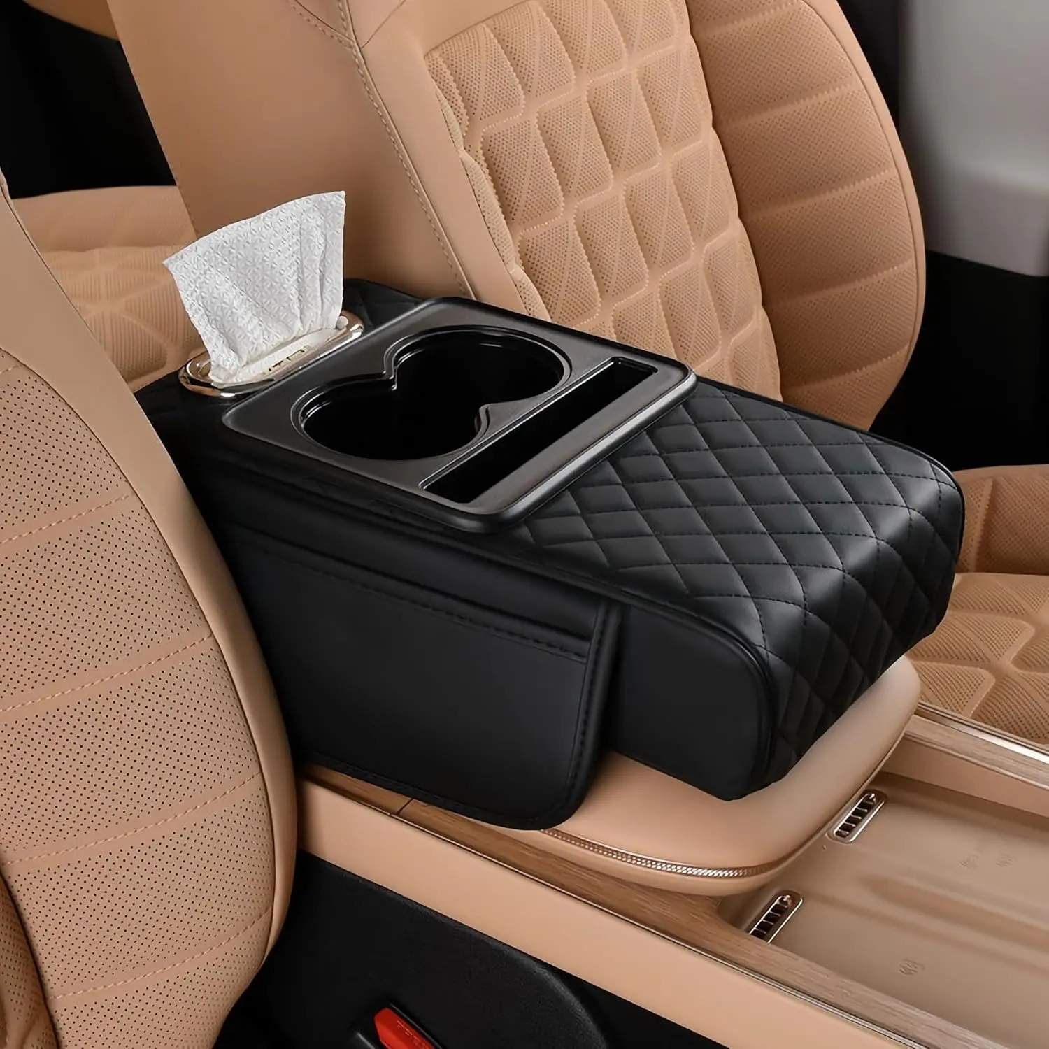 Car Armrest Cushion,8-in-1 Center Console Cover with 2 Storage Bags Cup Holder, Tissue Box Slot, Phone Slot for Sedans, Car Accessories Interior Organizers