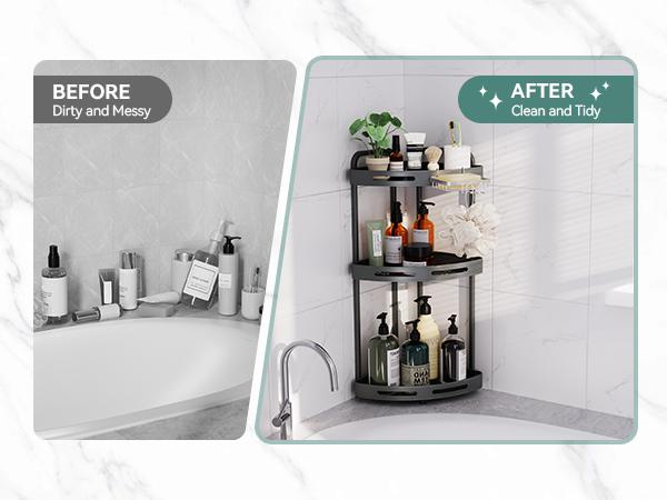 Corner Shower Caddy Standing - 3 Tier Acrylic Shower Organizer with Soap Holder, Aluminium Corner Shelf Standing for Bathroom