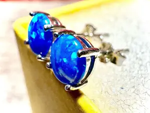 925 Sterling Silver Blue Fire Opal Stud Earrings for Women 6MM Birthstone Gift