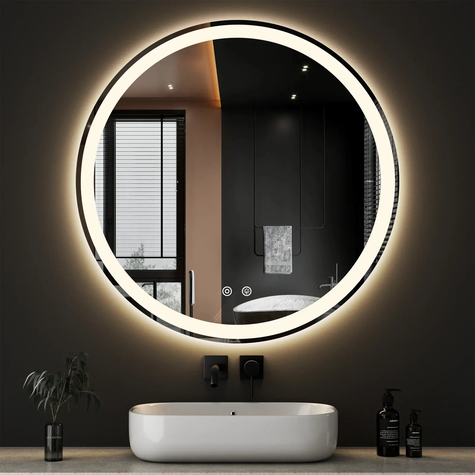 Round LED Bathroom Mirror, Anti Fog Lighted Vanity Mirror with Front and Back Light, Three Color Dimmable Smart Mirror with Memory for Bathroom Vanity
