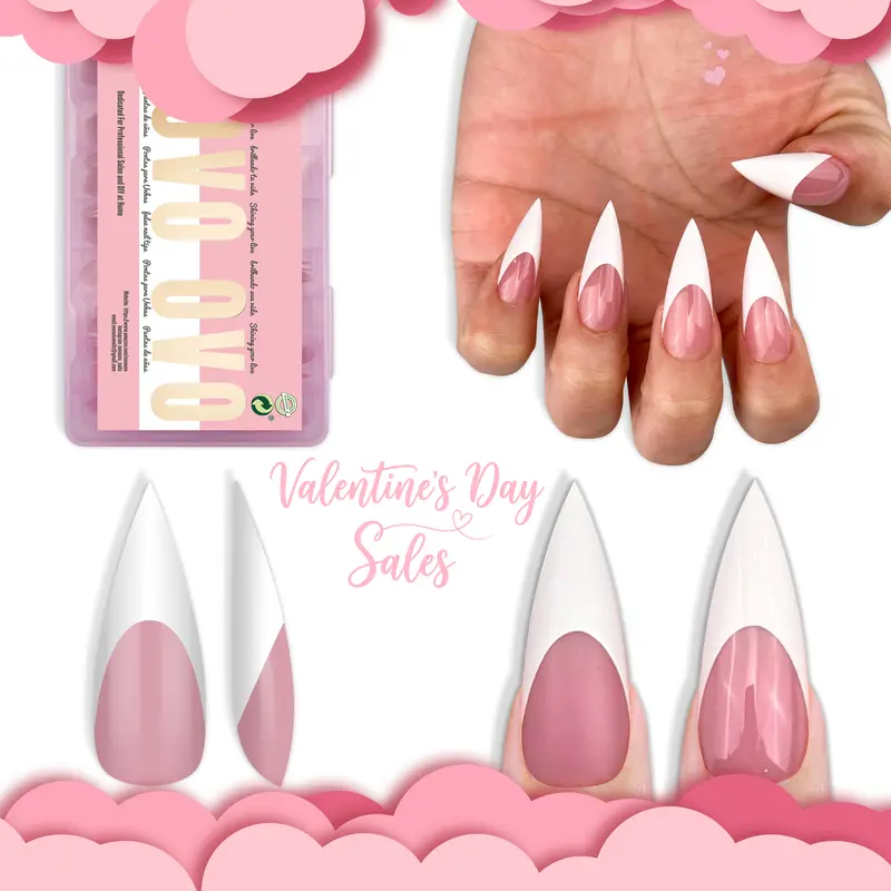 NOVO OVO White French Tip Sharp Stiletto Pointed Medium Long Nail Tips Press on Berry Pink,Soft Gel Fake Acrylic Extension, Full Cover False Nails for Salon DIY x 16 Sizes 160 pcs【NO GLUE ,TOP COATAND LAMP INCLUDED】