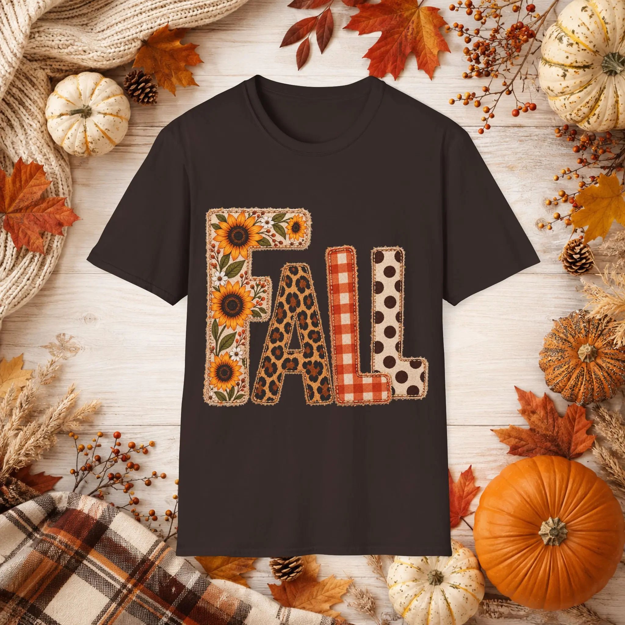 Fall Patchwork Letters T-Shirt | Sunflower Leopard Plaid Polka Dot Animal Breathable