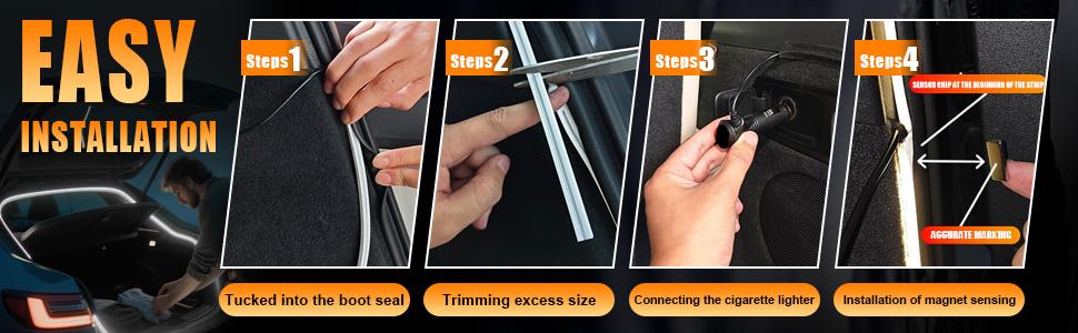 DIBMS 168 Inch Car Trunk LED Light Interior Kit, Starting Streamer Scanning, Magnetic Sensing, Warm White Ambient Lighting Strip, Cigarette Lighter Plug Silicone Waterproof 12V Universal Auto Parts