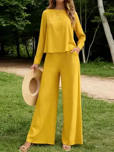 Trendy Spring Autumn Women's Long Sleeve Set Solid Color Top & Structured Wide-leg Pants Casual Daily Outfit