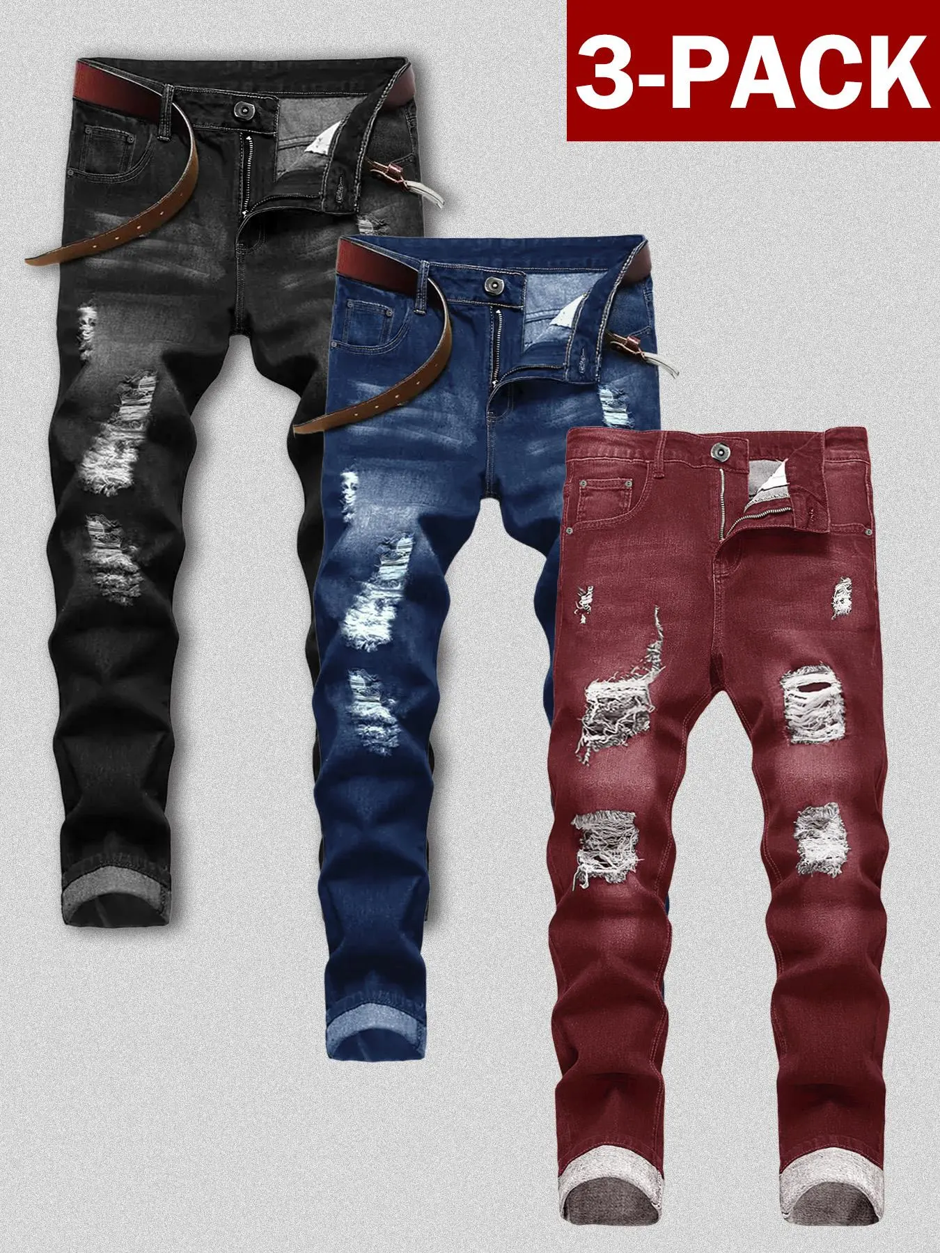 2026 New Men's Slim Fit Explosive Ripped Jeans 3 Pack Classic Versatile 5 Pocket Design
