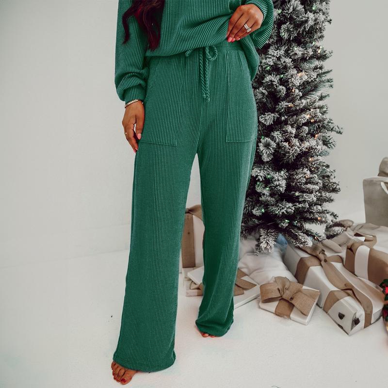 Znacicc Women's Christmas Fiery Red Corduroy Two Piece Outfits "JOLLY" Print Long Sleeve Top & Pants with Pockets Casual Winteroutfit Loungewear