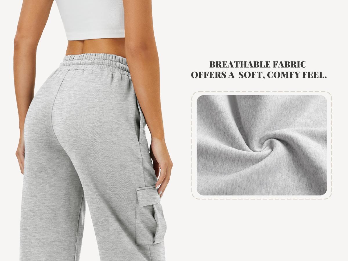 FireSwan Women’s Cargo Sweatpants Fleece Lined Wide Leg Pants Drawstring High Waisted Baggy Lounge Pants with Pockets