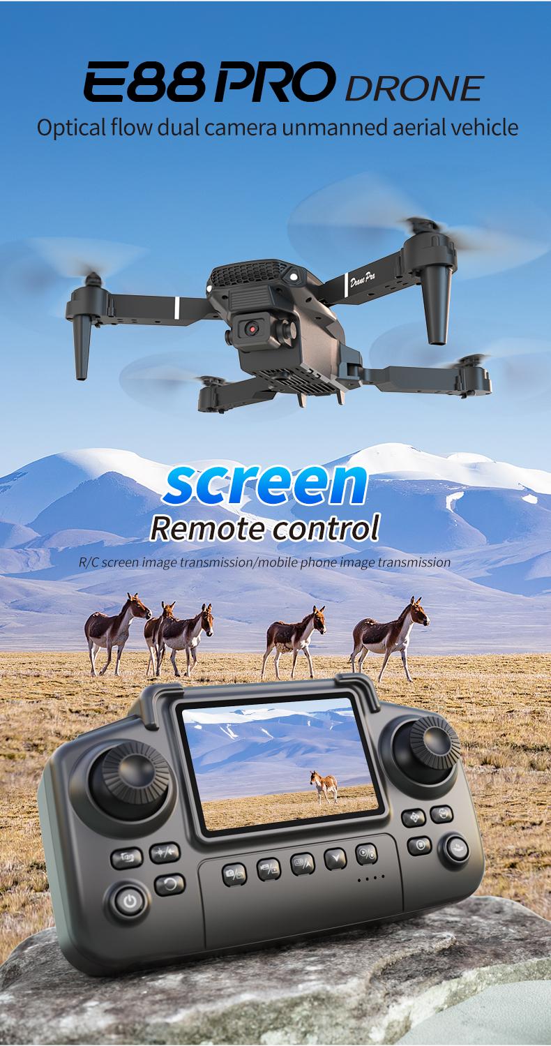The new 2026 E88 drone comes with two batteries, foldable arms, a remote control with a screen and app control, USB charging, 480P video recording resolution, and 2.4G functionality, making it the perfect gift for outdoor camping and travel. Photography