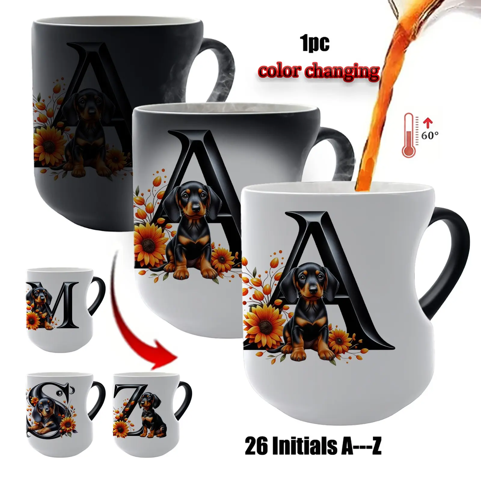Dachshund Sunflower Color Changing Mug, Ceramic, Ceramic Printed Drinkware, 26 Letter Initial Magic Heat Changing Coffee Cup, 11 Oz/330ML, Perfect Gift for Dog Lovers, Drinkware