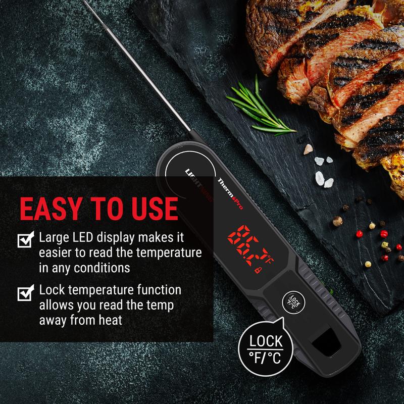 ThermoPro Digital Meat Thermometer, Ultra-Fast 1s Instant Read, Auto-Rotating Backlight, IP65 Waterproof, Magnetic Grip, for Kitchen, Beef, Grill, BBQ, Candy, Turkey, Portable Hook, Fathersdaygift